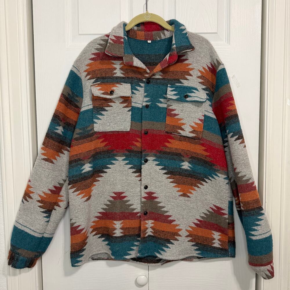 Aztec Print Jacket Retro Lapel Button Pocketed Medium